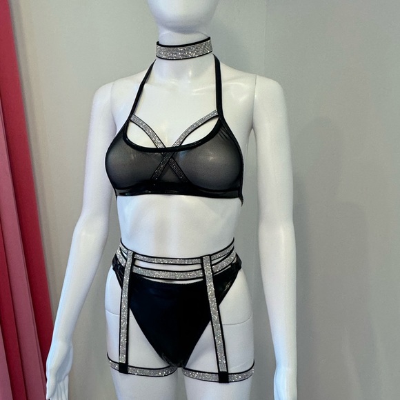 Black Vinyl Mesh Rhinestone Lingerie Set 4 Pieces, XS Custom - Picture 12 of 13